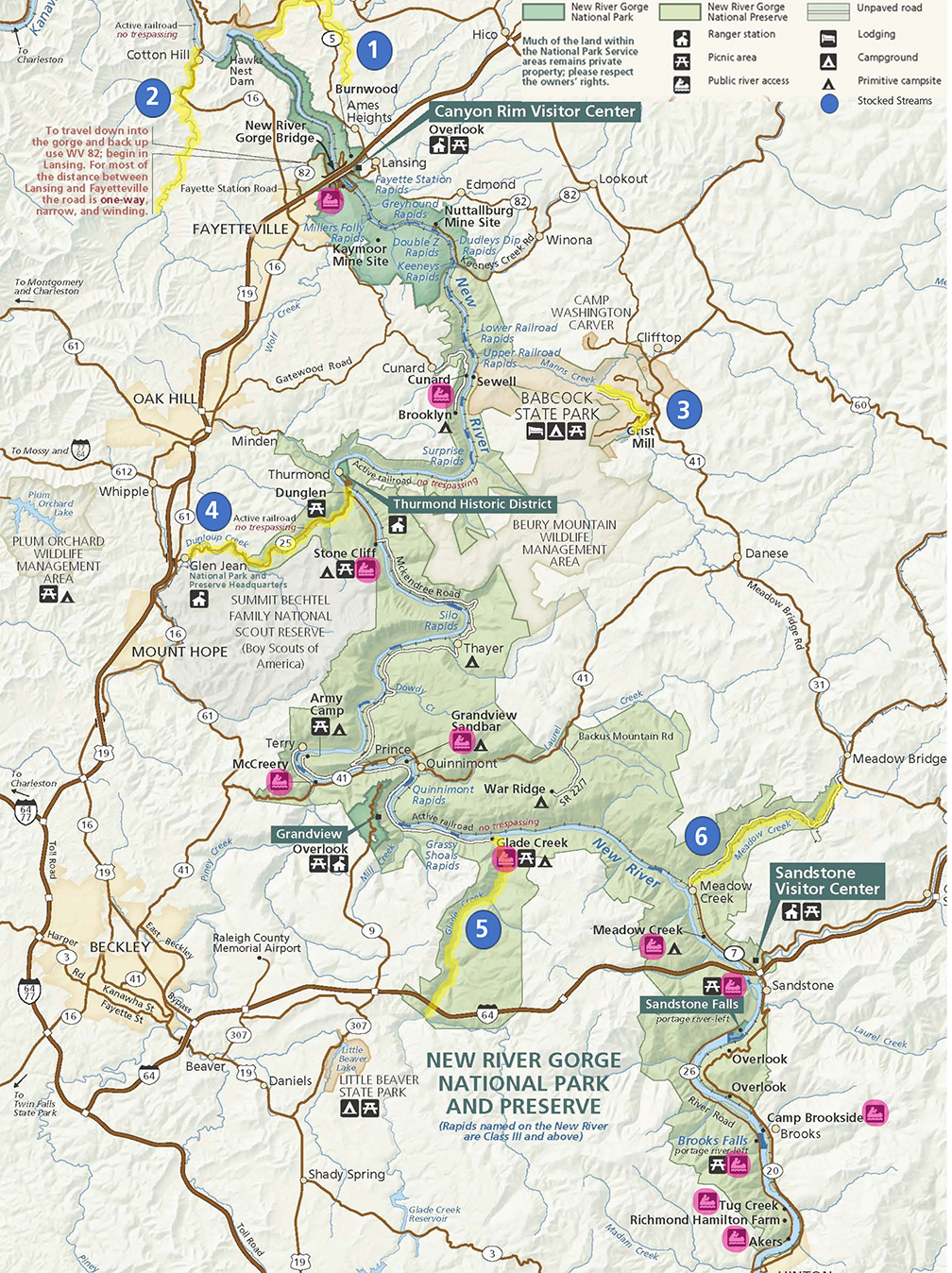 Map showing fishing areas of the New River Gorge