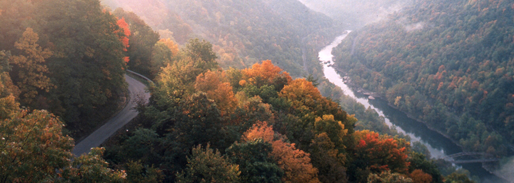 A paved road winding down the side of a gorge covered in trees with orange, red, and yellow colored autumn leaves