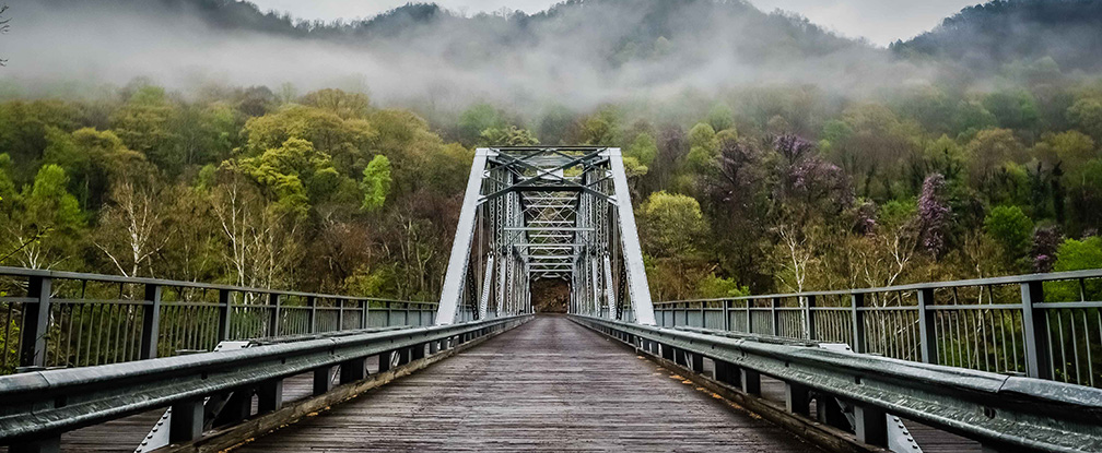 View down a single lane bridge surrounded by green trees and fog