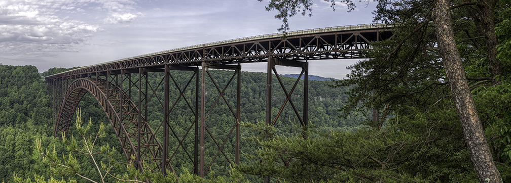 A reddish brown bridge arch across a large green gorge