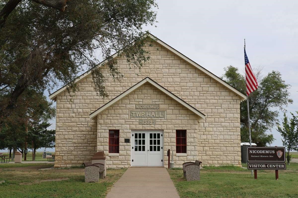 A limestone brick building
