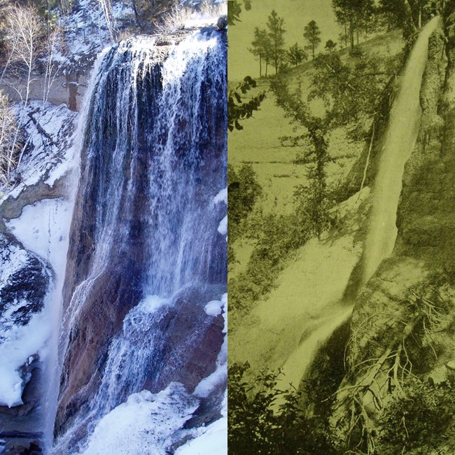 Combined photo of a modern Smith Falls and a historical photo of the waterfall