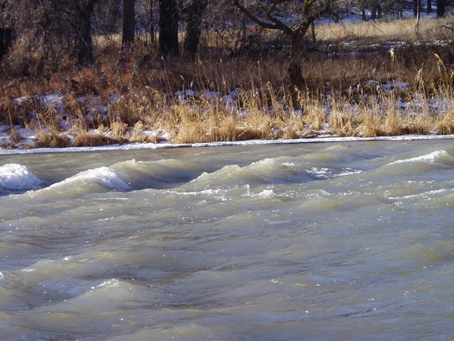A river with cresting, standing waves in front of a snow-lined bank.