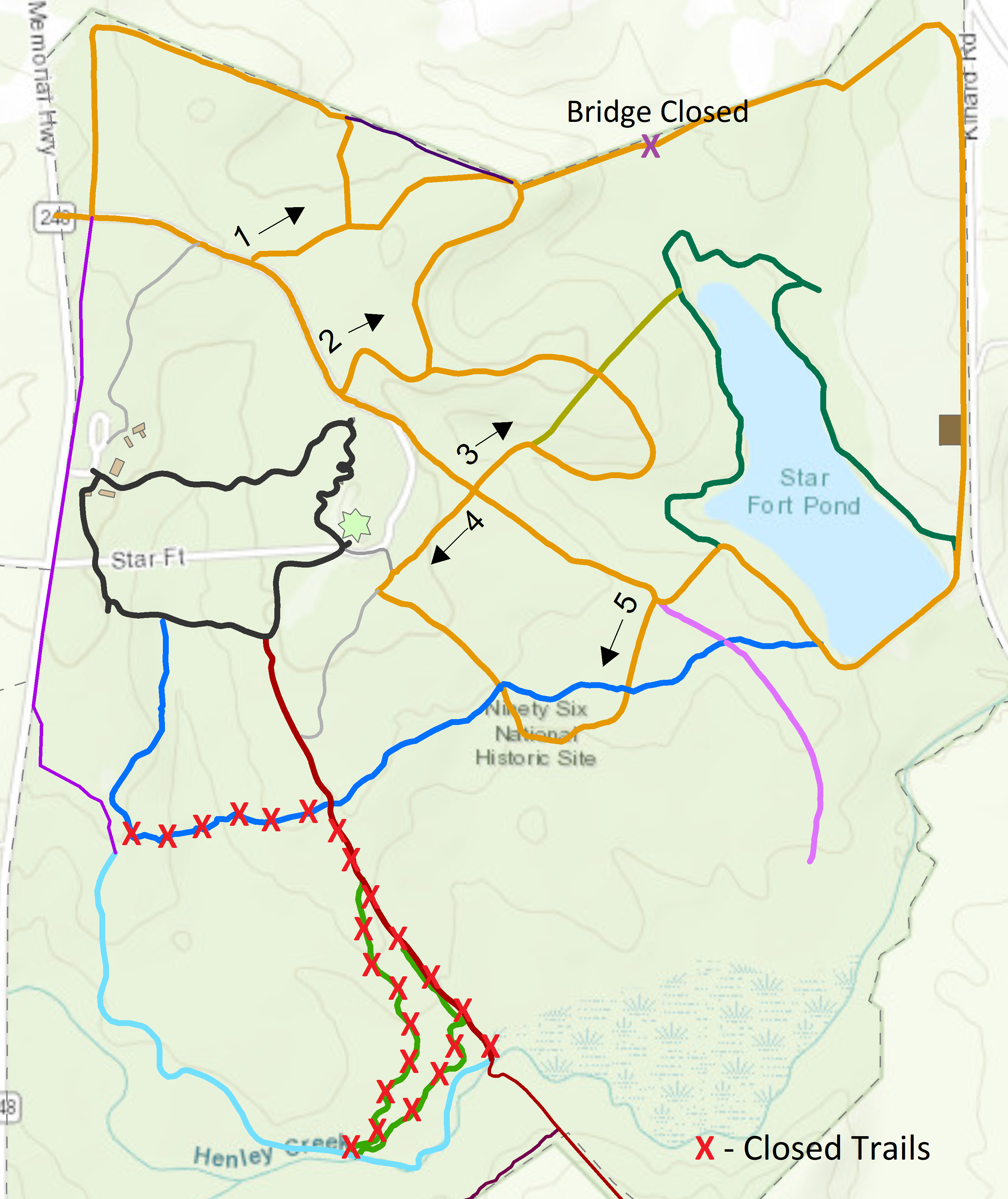 Trail map of Ninety Six NHS. Red x's mark closed trails and a purple x marks a closed bridge.