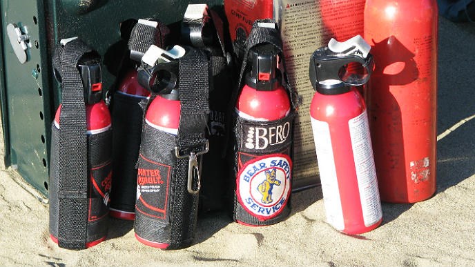 cans of bear spray in the sand