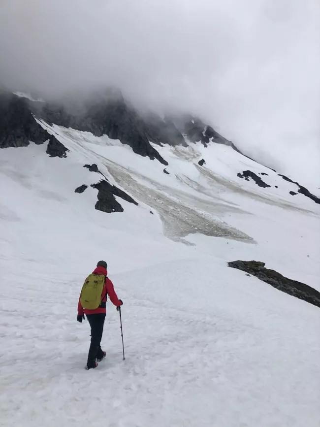 A ranger walks on a snowfield