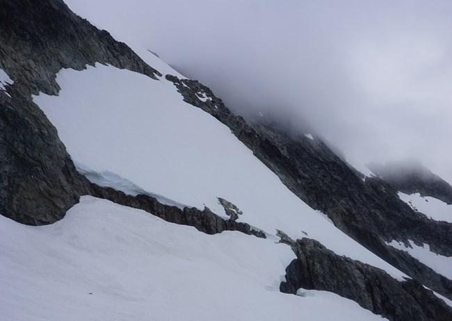 The NorthWest Face of the North Ridge of Forbidden is in good condition, with a minor bergschrund problem at the bottom.