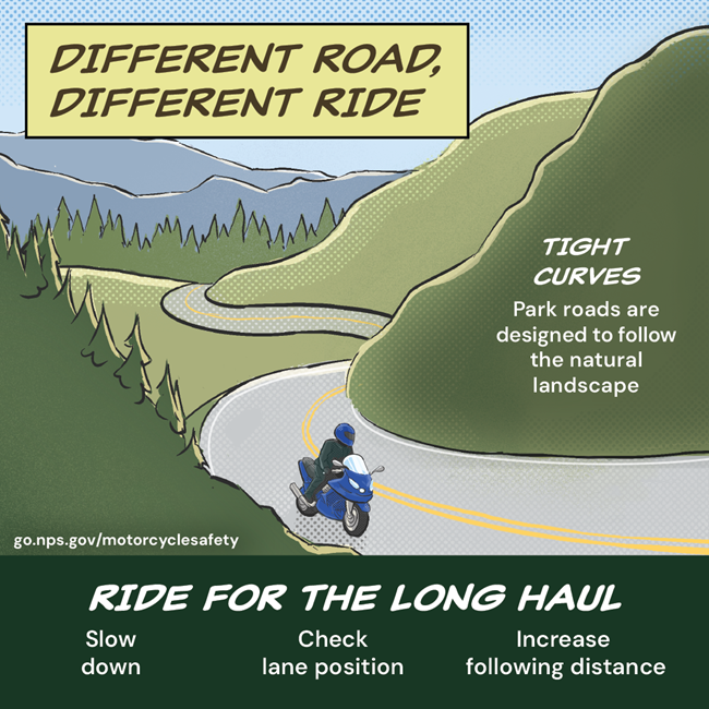 Graphic with a motorcycle on a winding mountain road with text: Tight curves, Ride for the long haul, slow down, check lane position, increase following distance