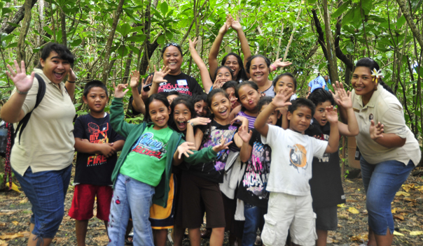 Alataua elementary students on a field trip along Pola Island trail.