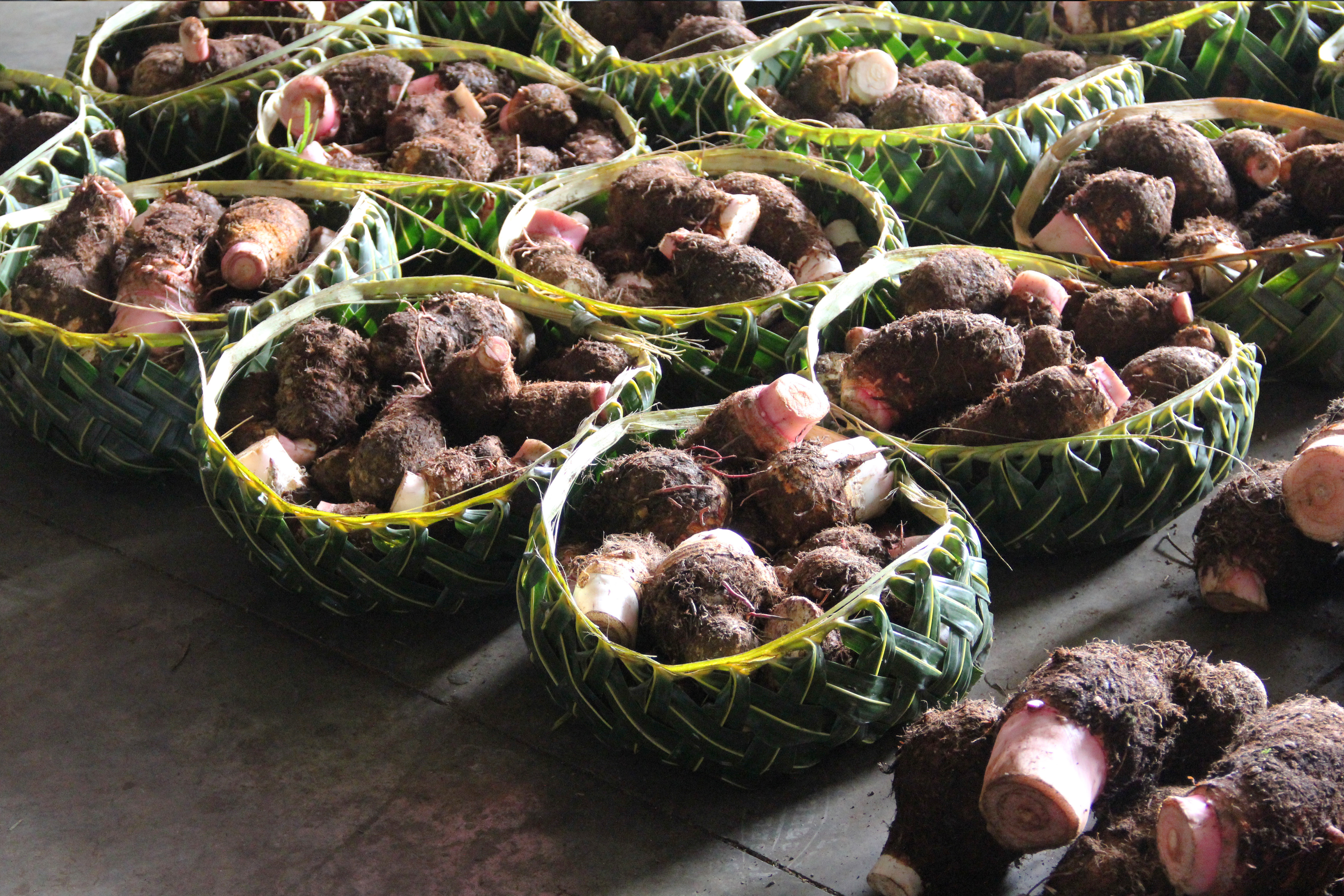 Coconut Leaf baskets with food in them.