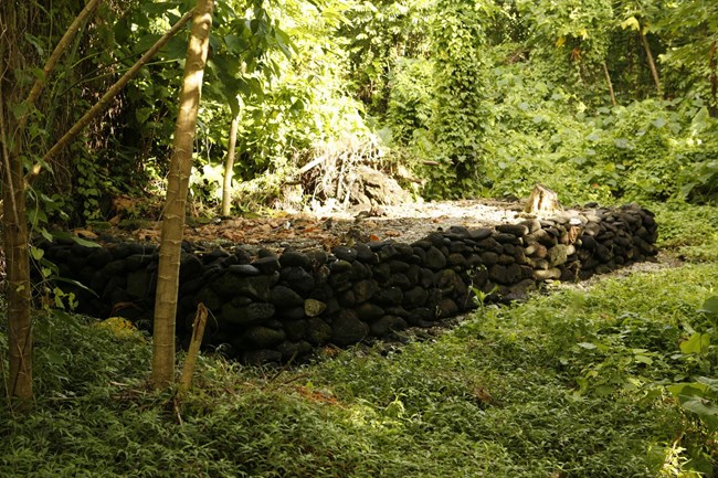 Grave site built of stones, surrounded be the forrest.