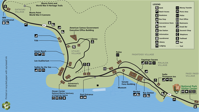 Graphic of a green and blue map with pictograph showing amenities and location of National Park Visitor Center (indicated with arrowhead).