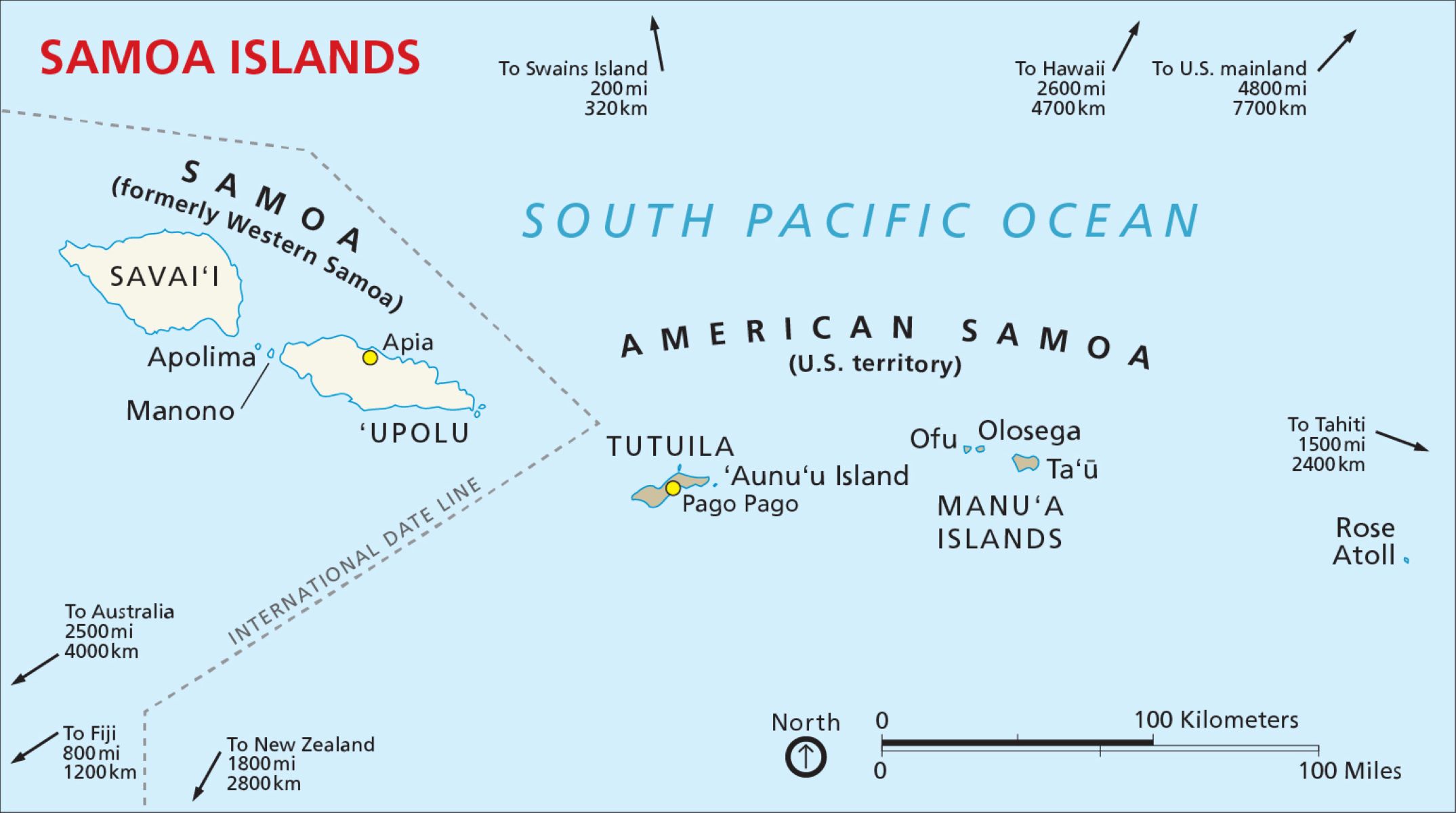 Map Graphic; light blue color for ocean around multiple small islands labeled "Samoan Islands.".