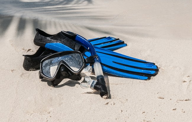 Snorkeling gear is laying on a sandy beach. Mask, fins and tube.