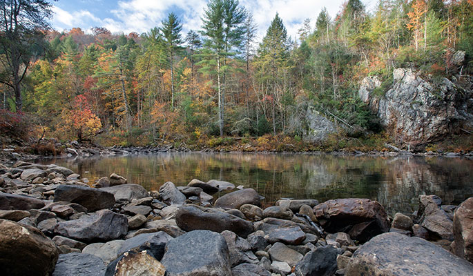 fall colors reflecting on river