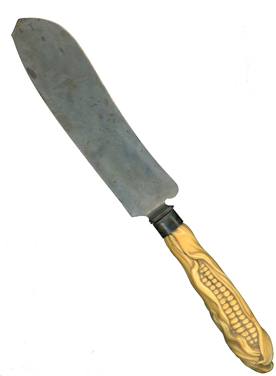 A bread knife with a handle shaped in the form of an ear of corn.