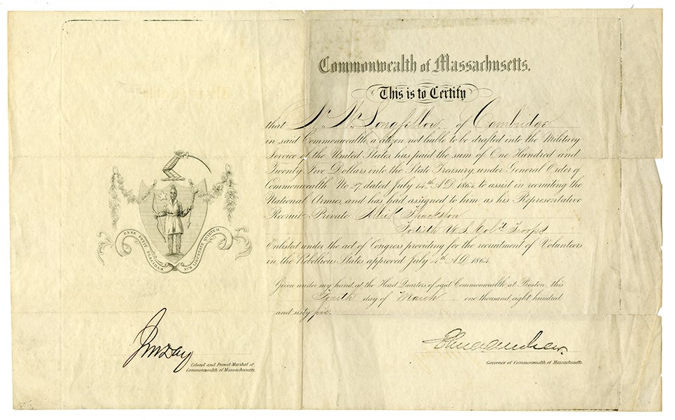 Certificate given to Henry W. Longfellow for a donation to raise black soldiers for the Union Army.