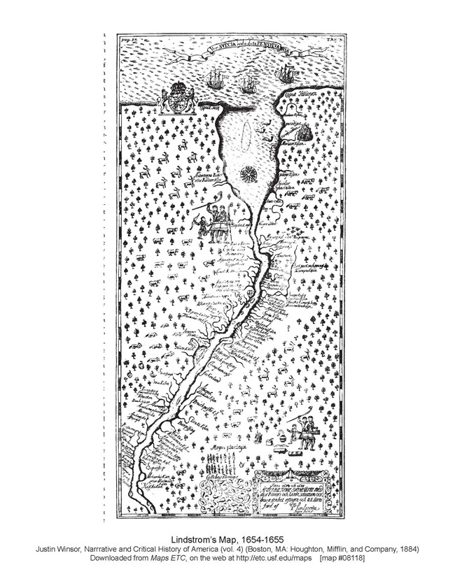 Black and white map of New Sweden.