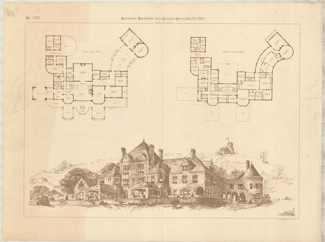 Pencil drawing of floor plan of home, with sketch of the home, which is large like the castle
