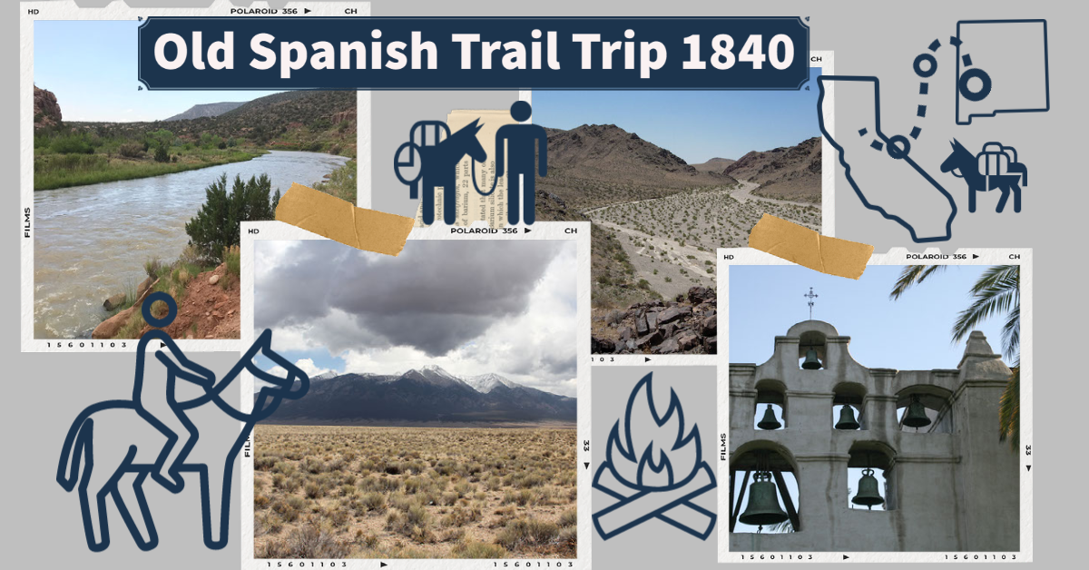 A scrapbook page depicting multiple scenes from the trail, and relevant icon images.