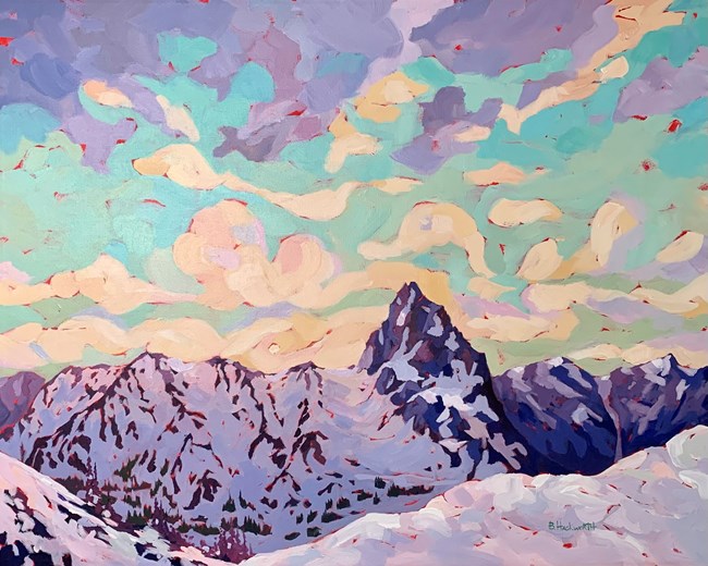 acrylic painting of a mountain and glacier