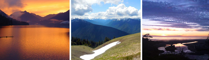 A banner consisting of three pictures side-by-side. The left picture shows a sunset over a large lake. The middle picture shows a mountain vista. The right picture shows a sunset over the coast.