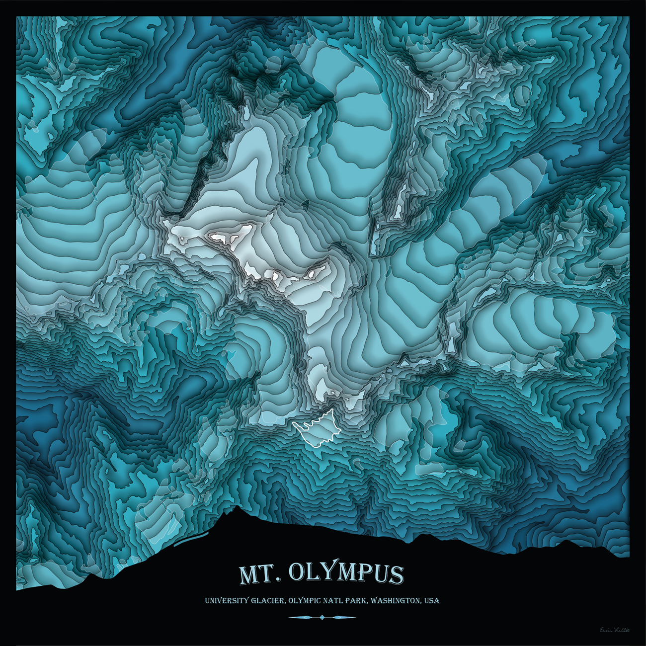 A landscape of peaks and crevasses formed of contour lines, the layers grading from blue at the highest elevations to white at the lowest. Text at the bottom labels this map Mount Olympus – University Glacier – Olympic National Park – Washington – USA.