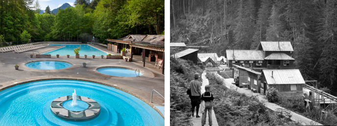 Two pictures showing hot springs within Olympic National Park. The left photo shows the modern-day Sol Duc Hot Springs Resort. The right photo shows a historic photo of the development that used to exist at the Olympic Hot Springs at Boulder Creek.