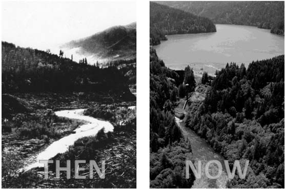 Photos of the Elwha River channel at the site of Lake Mills before and after dam construction