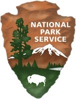Brown textured arrowhead logo, point down. At top right, white text, National Park Service. At left, a tall tree. At bottom, a white bison stands on a green field ending in a distant tree line, a white lake at right. A snow-capped mountain towers behind.