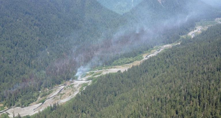 Ariel view of smoke rising from the forest along the edge of Queets River.