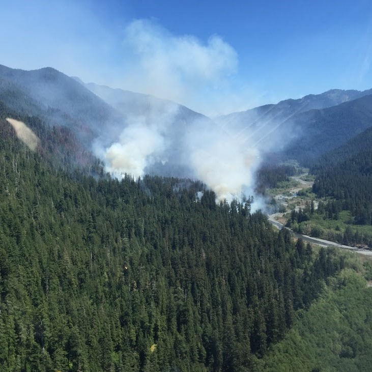 An aerial view of a wildfire burning near the Queets River. Two distinct plumes of smoke are visible.