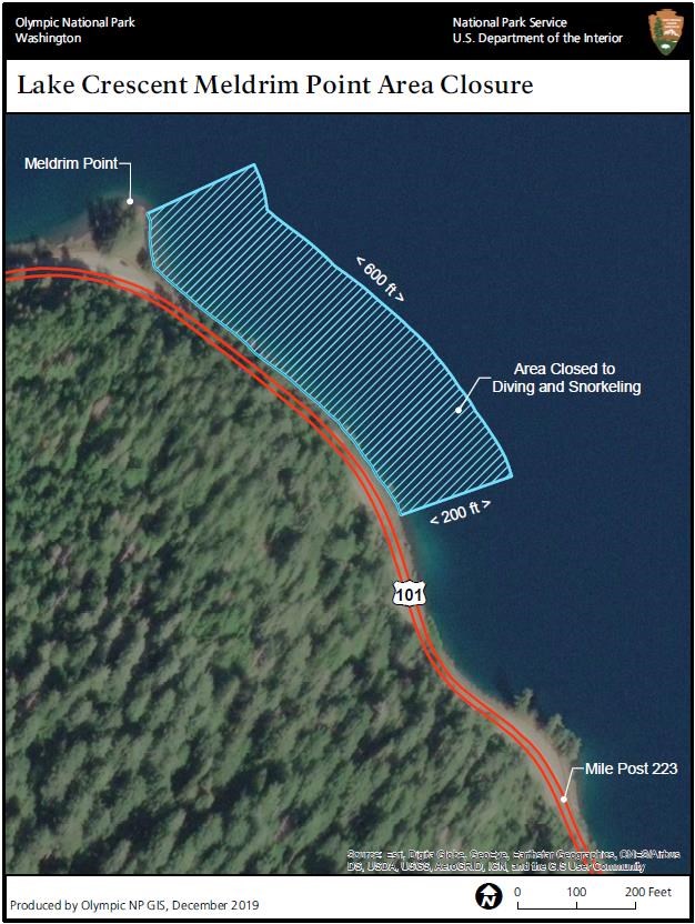 A map of a shoreline with Highway 101 just inland. A shape labeled "Area closed to Diving and Snorkeling" extends from the shore 200 feet for 600 feet south of Meldrim Point