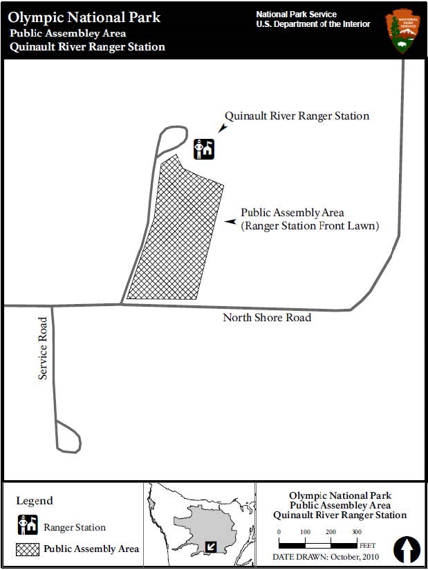A simple map indicates the space extending 200 feet east from the road to Quinault Ranger Station, labeled as Public Assembly Area (Ranger Station Front Lawn)