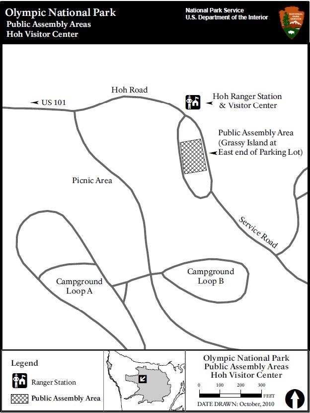 A simple map shows an area south of the Hoh Ranger Station & Visitor Center labeled Public Assembly Area (Grassy Island at East end of Parking Lot), about 100 feet wide and 200 feet long.