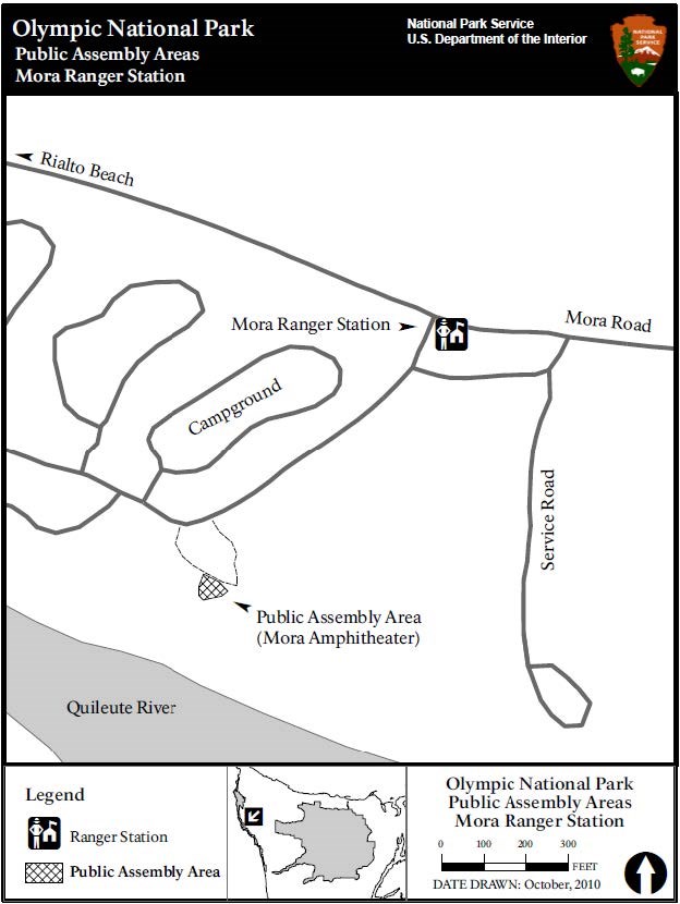 A simple map shows a small area south of the main loops of Mora Campground and Ranger Station, labeled Public Assembly Area (Mora Ampitheater), just north of the Quileute River