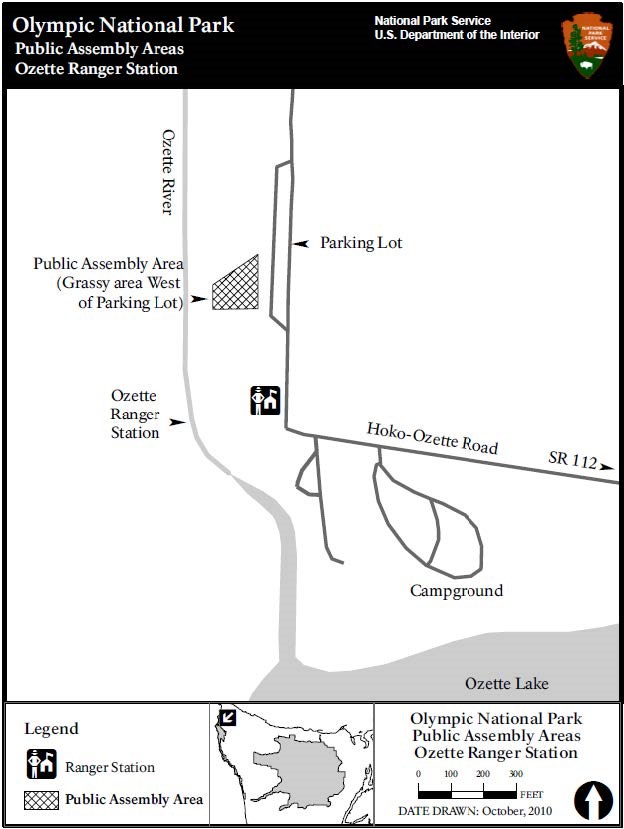 A simple map illustrates a small space between the Ozette River and a parking lot, just North of the Ozette Ranger Station, labeled Public Assembly Area (Grassy area West of Parking Lot)