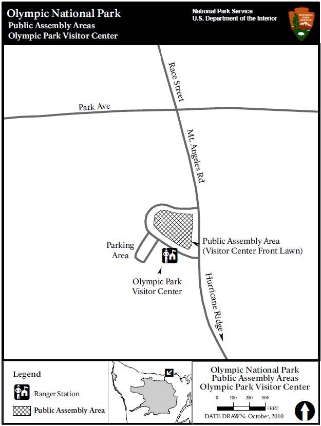 A simple map shows an area south of the intersection of Race Street and Park Avenue. Just north of the Olympic Park Visitor Center is the Public Assembly Area (Visitor Center Front Lawn)
