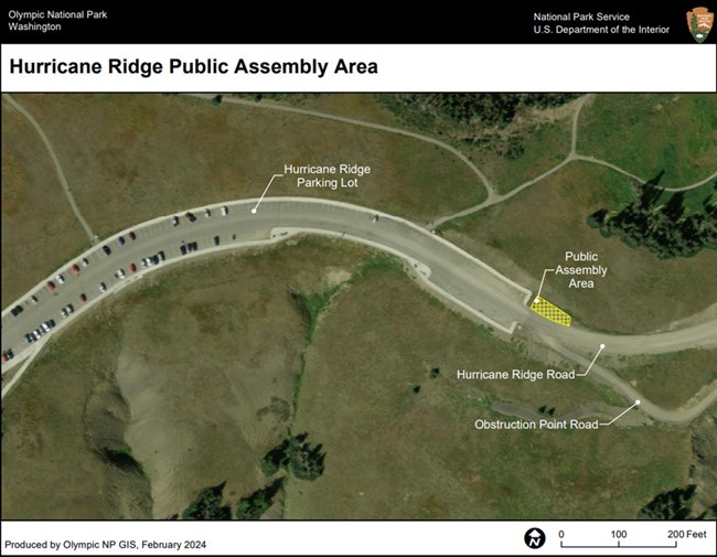 A map indicates a Public Assembly Area at the east end of the Hurricane Ridge Parking Lot, on the North side of the road as it enters the lot. The area is about twenty by 80 feet in size.