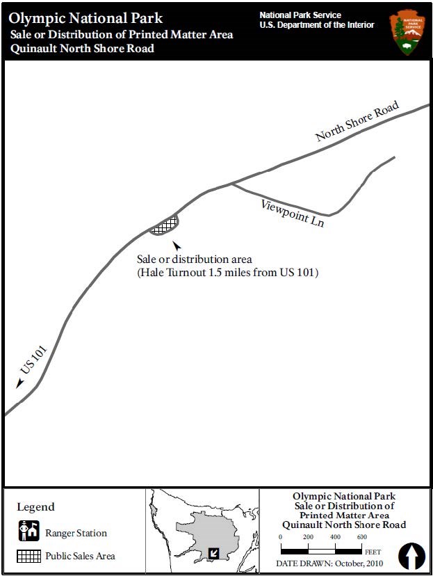 A simple map shows North Shore Road. A small stretch on the south side of the road, about 500 feet south of Viewpoint Lane, is labeled Sale or distribution area (Hale Turnout 1.5 miles from US 101)