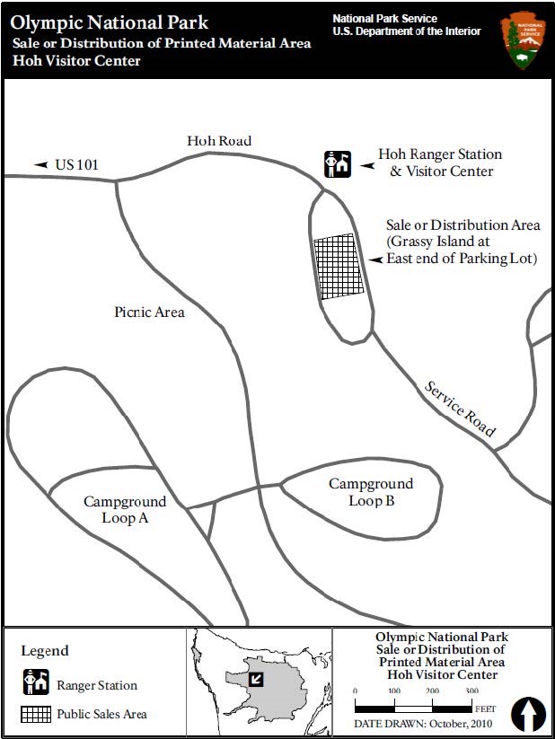 A simple map shows an area south of the Hoh Ranger Station & Visitor Center labeled "Sale or Distribution Area (Grassy Island at East end of Parking Lot)"