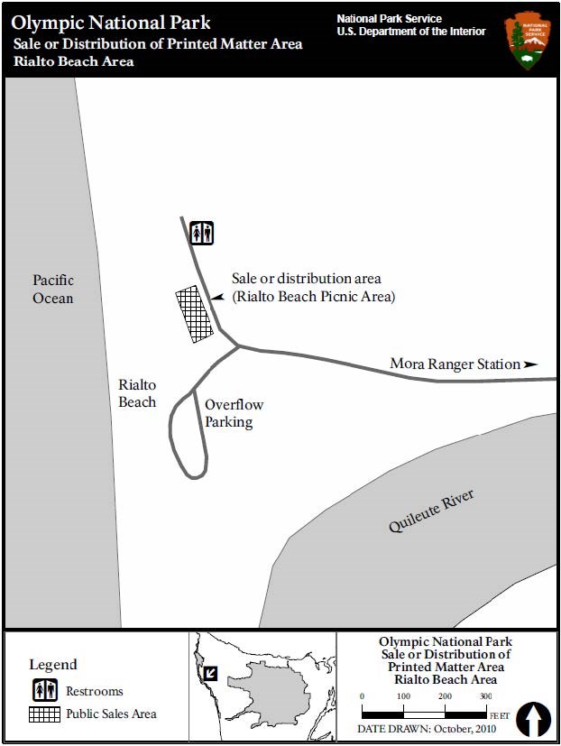 A simple map shows a road splitting as it comes toward the Pacific ocean. At the north fork is a restroom symbol, and at the south end is Overflow Parking and Rialto Beach. A small area between these is labeled Sale or Distribution Area