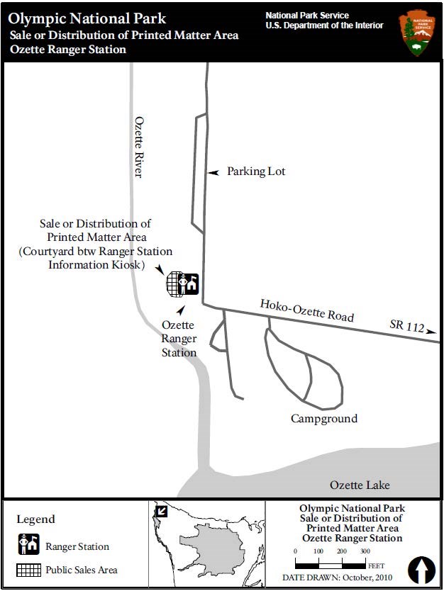 A simple map shows a round area just west of the Ozette Ranger Station labeled Sale or Distribution of Printed Matter Area (Courtyard between Ranger Station Information Kiosk)
