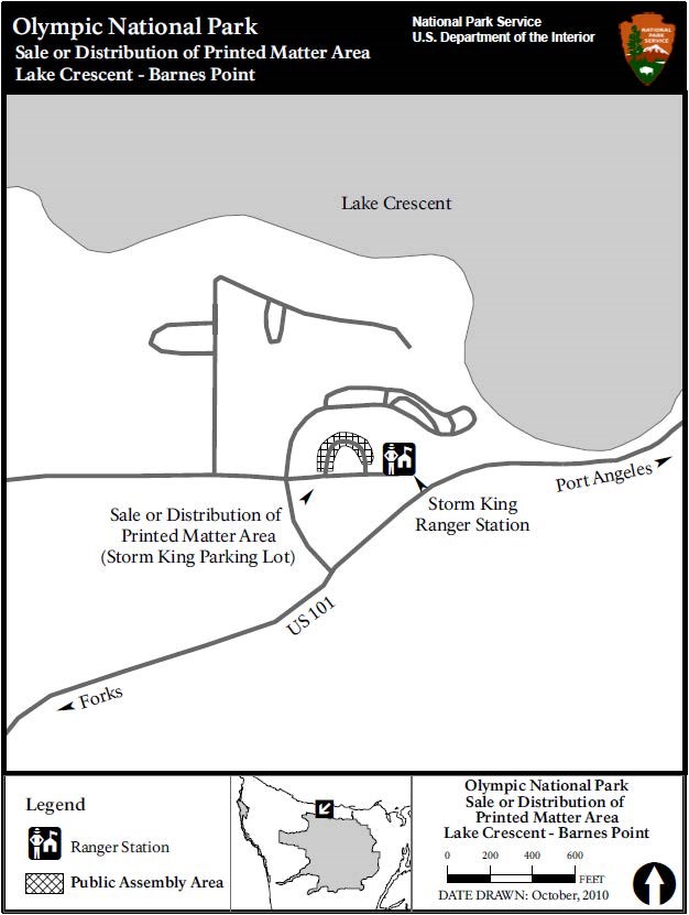 A simple map shows a space around the parking lot to the east of the Storm King Ranger Station labeled Sale or Distribution of Printed Matter Area (Storm King Parking Lot)