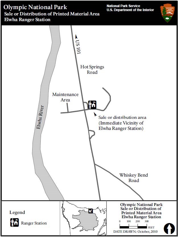 A simple map shows Olympic Hot Springs Road along the Elwha River. An arrow points at an icon of a ranger and station, labeled Sale or distribution area (Immediate Vicinity of Elwha Ranger Station)
