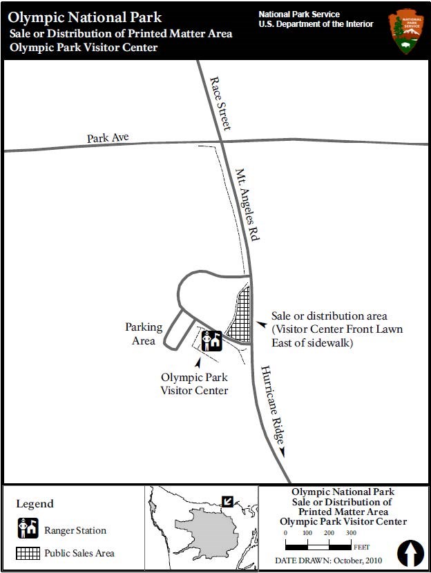 A simple map shows the Olympic Park Visitor Center off of Mt Angeles Road. An area just east of the vuilding is labeled Sale or distribution area (Visitor Center Front Lawn East of sidewalk)