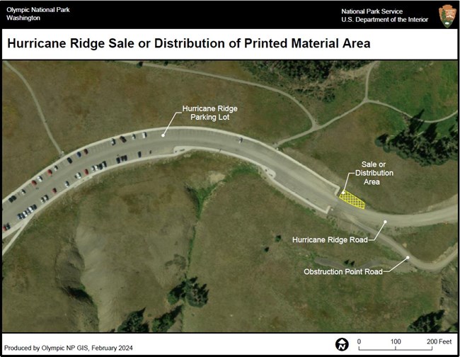 A map shows an area just north of where Hurricane Ridge Road enters the Hurricane Ridge Parking Lot, labeled Sale or Distribution Area