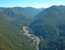 An aerial view looking over a river valley.