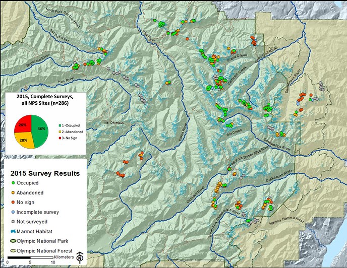 Map of survey areas with results