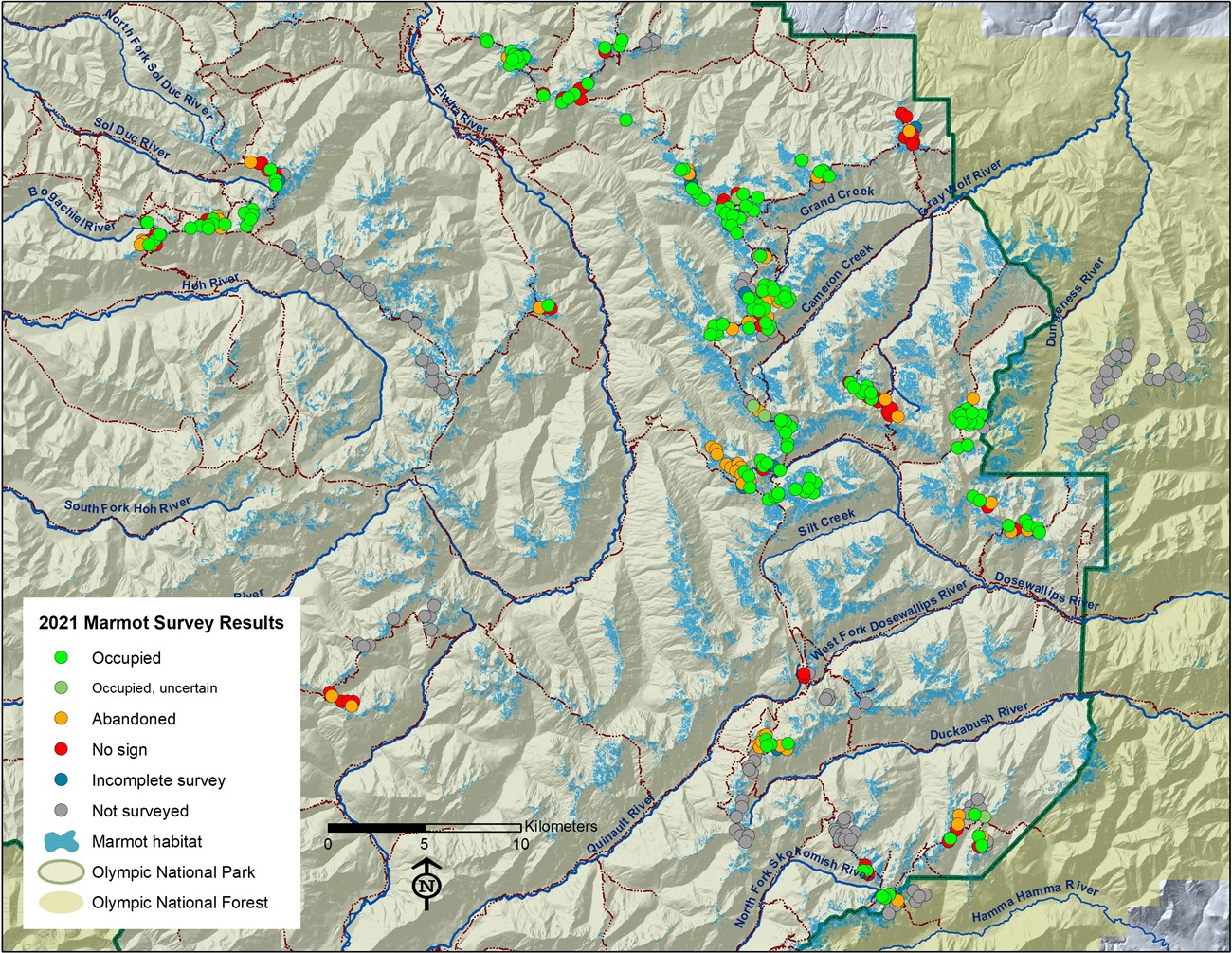 Map showing 2021 marmot survey site locations and results